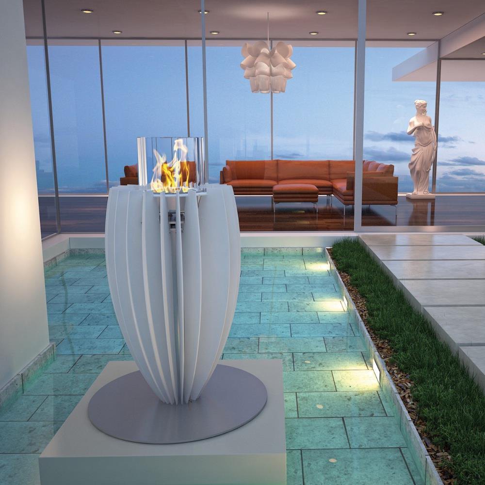 Modern living room at dusk with integrated Homynex lighting, climate and shades, ready to spec across a development